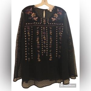 Style and Co Black embroidered blouse with sheer sleeves. Size XL